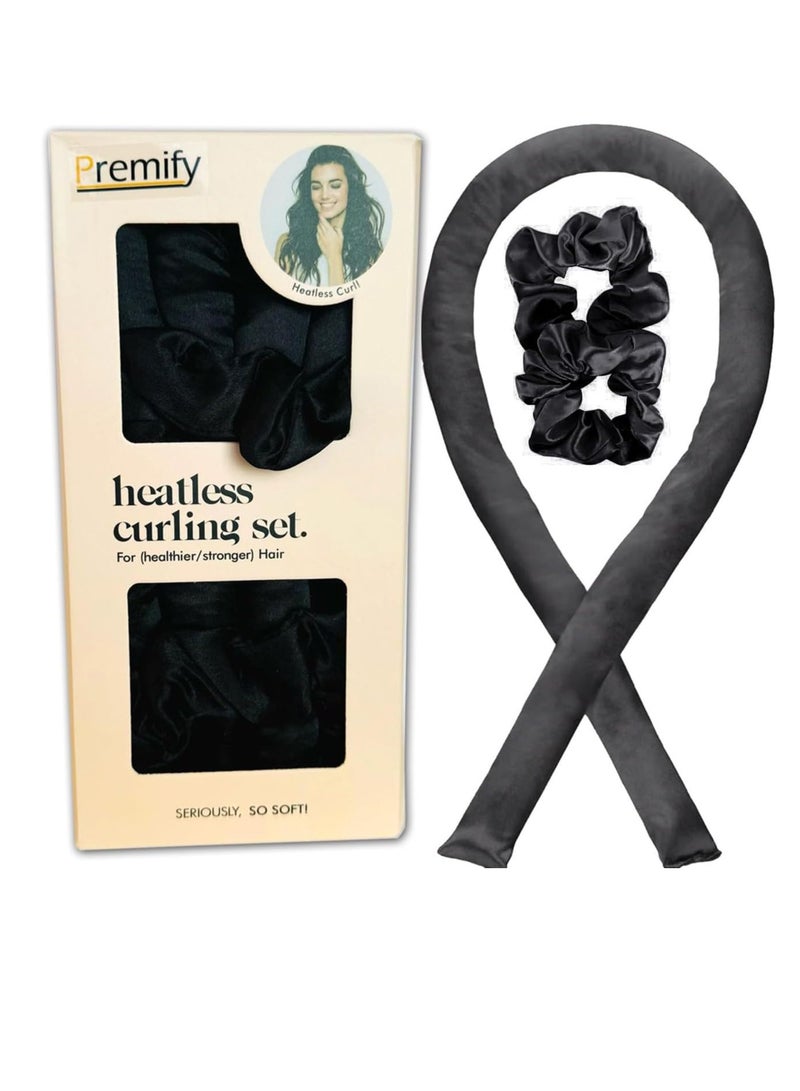 Premify Satin Heatless Hair Curler, 3pcs Overnight Hair Curling Set, Heatless Curling Rod & Headbands for Short & Long Hair, Heatless Curls & Hair Wrap Curlers (Charcoal)  - Image 1