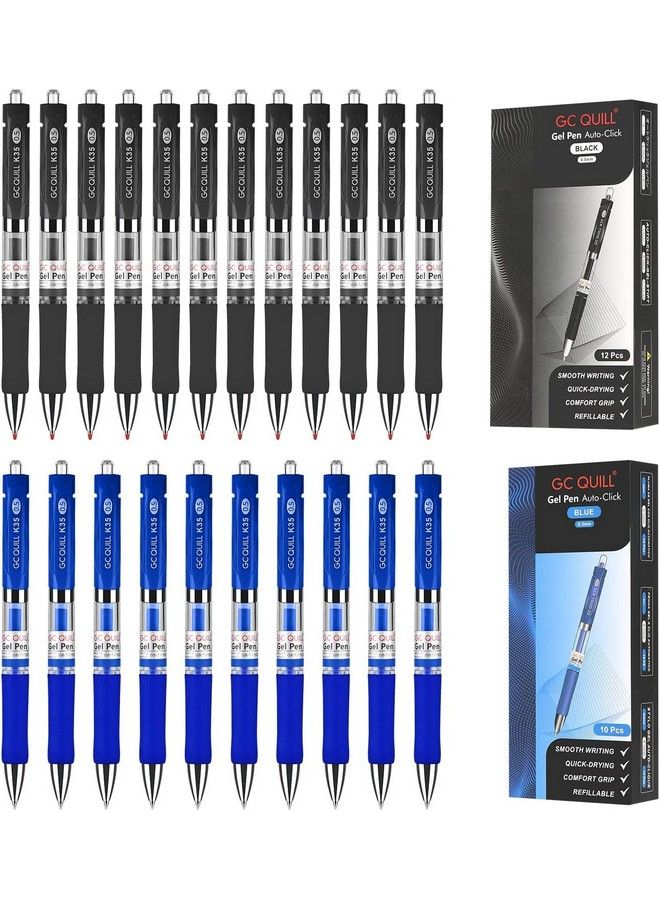 GC QUILL Gel Ink Pens Premium Refillable & Retractable Rolling Ball Pens0.5Mm Fine Point Pens12 Black Ink Gel Pens+10 Blue Ink Pens Bkbl22  - Image 2