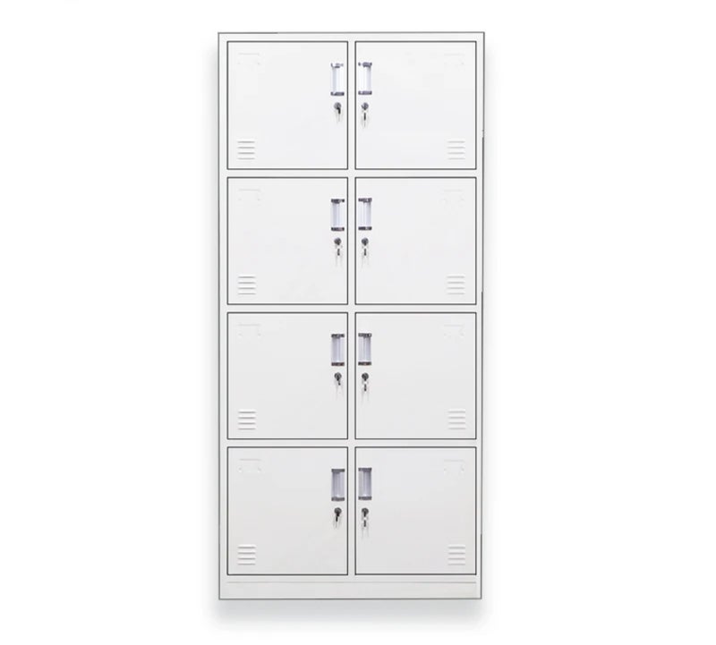 Protector Metal Storage Locker, 8 Doors, features a practical and durable design, ideal for use in schools, factories, clubs, and offices. Made of resistant metal and finished in an elegant gray color.