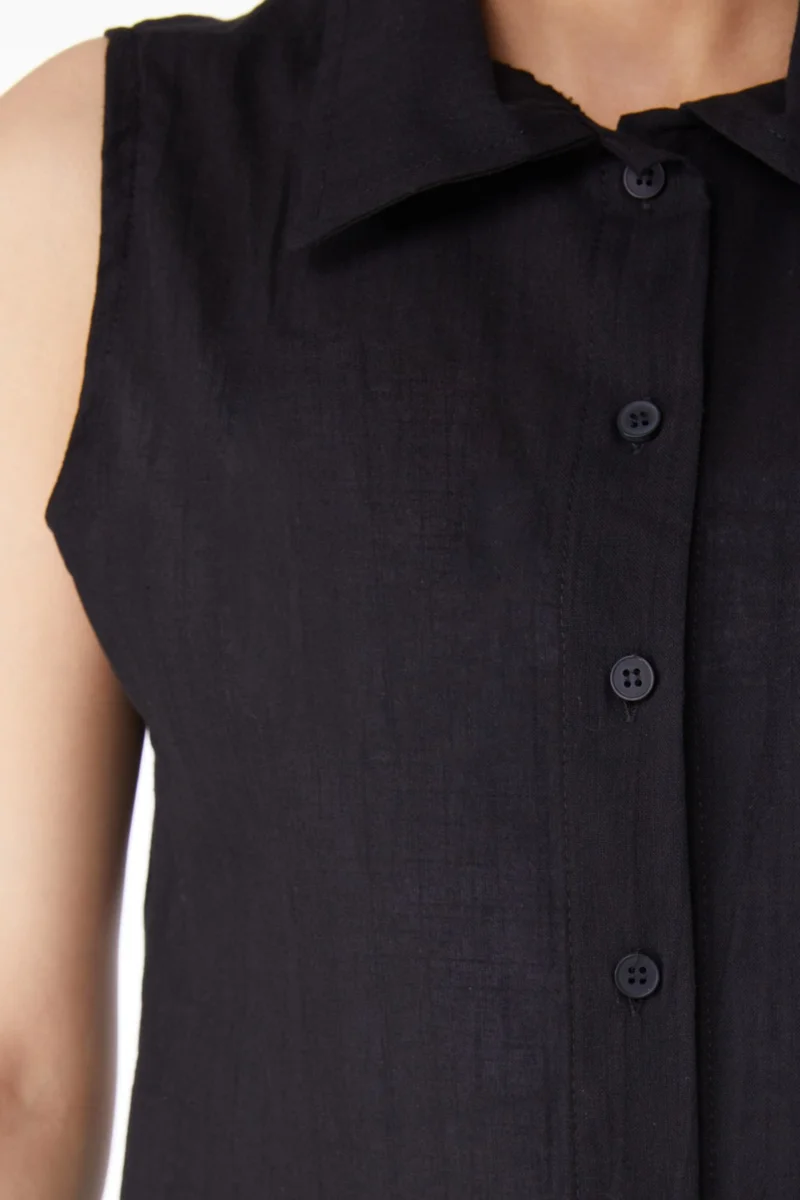 Tofisa Plain Shirt Collar Women's Black Waist Tie Short Shirt - 13155