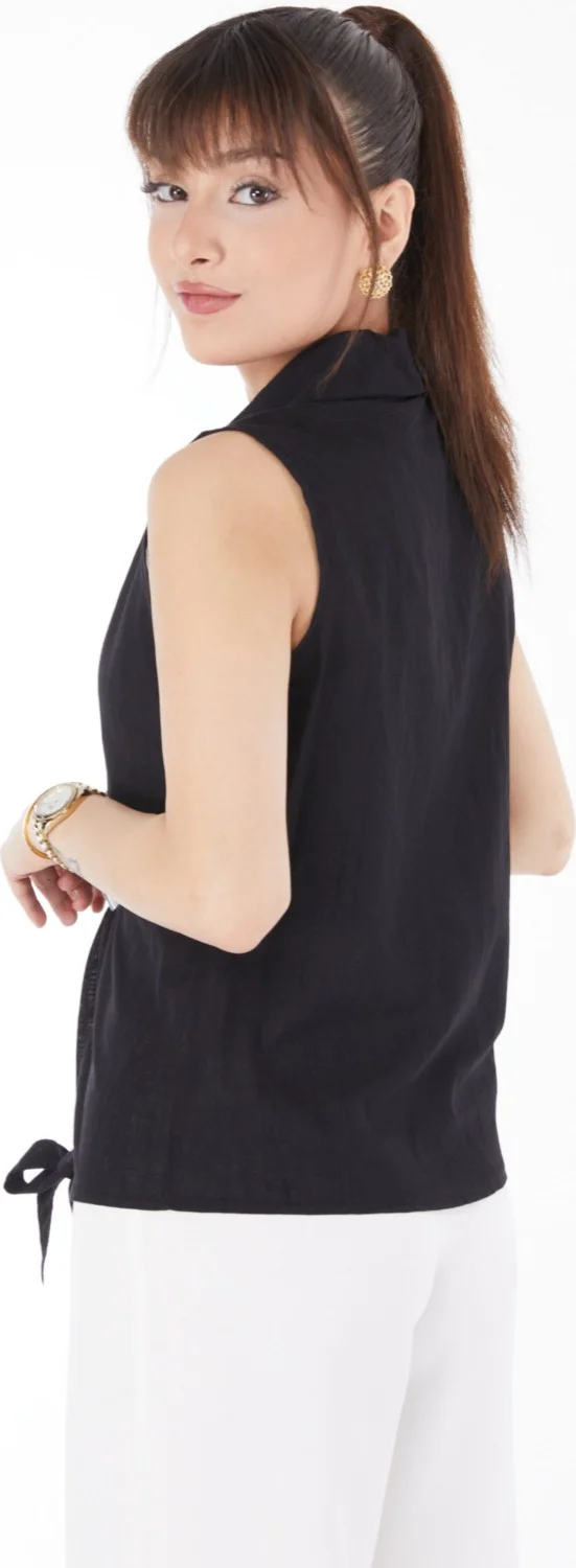 Tofisa Plain Shirt Collar Women's Black Waist Tie Short Shirt - 13155