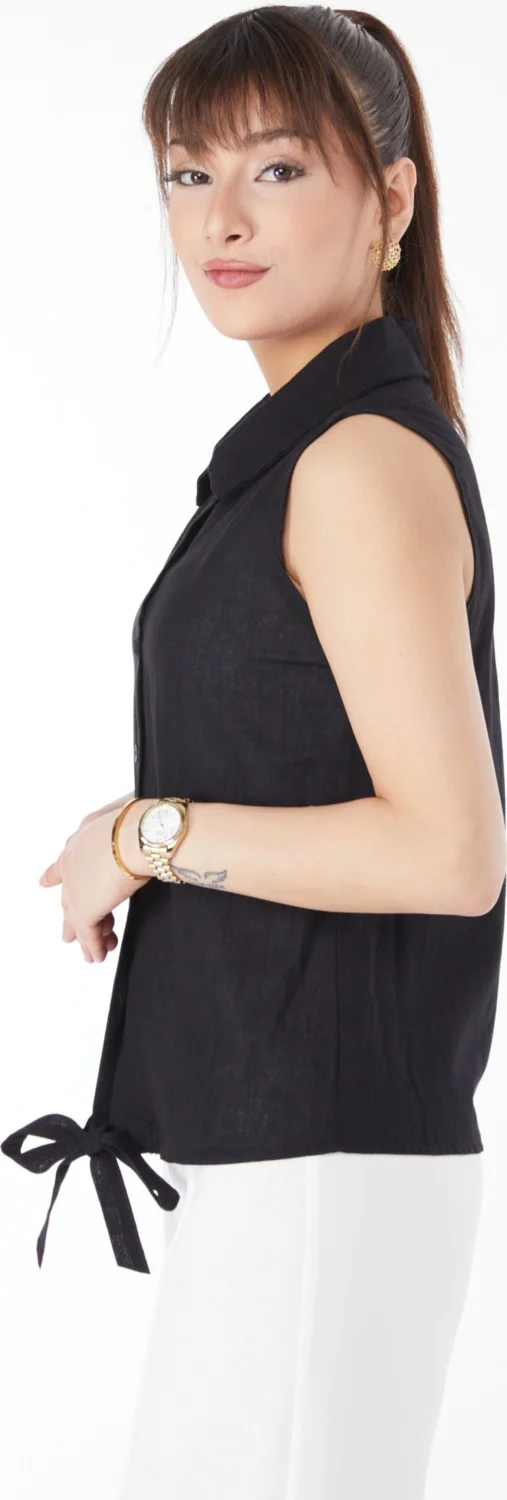 Tofisa Plain Shirt Collar Women's Black Waist Tie Short Shirt - 13155