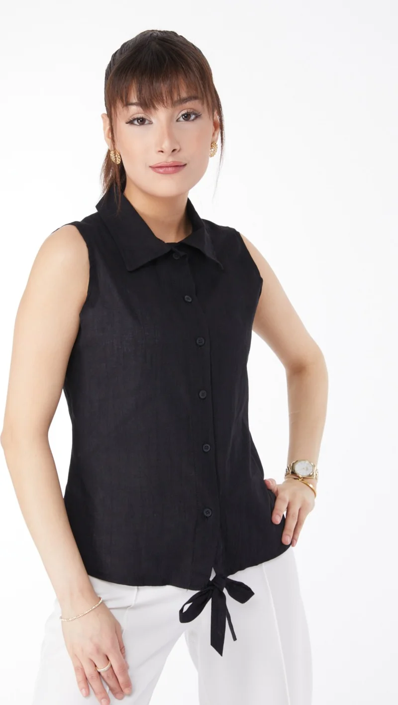 Tofisa Plain Shirt Collar Women's Black Waist Tie Short Shirt - 13155