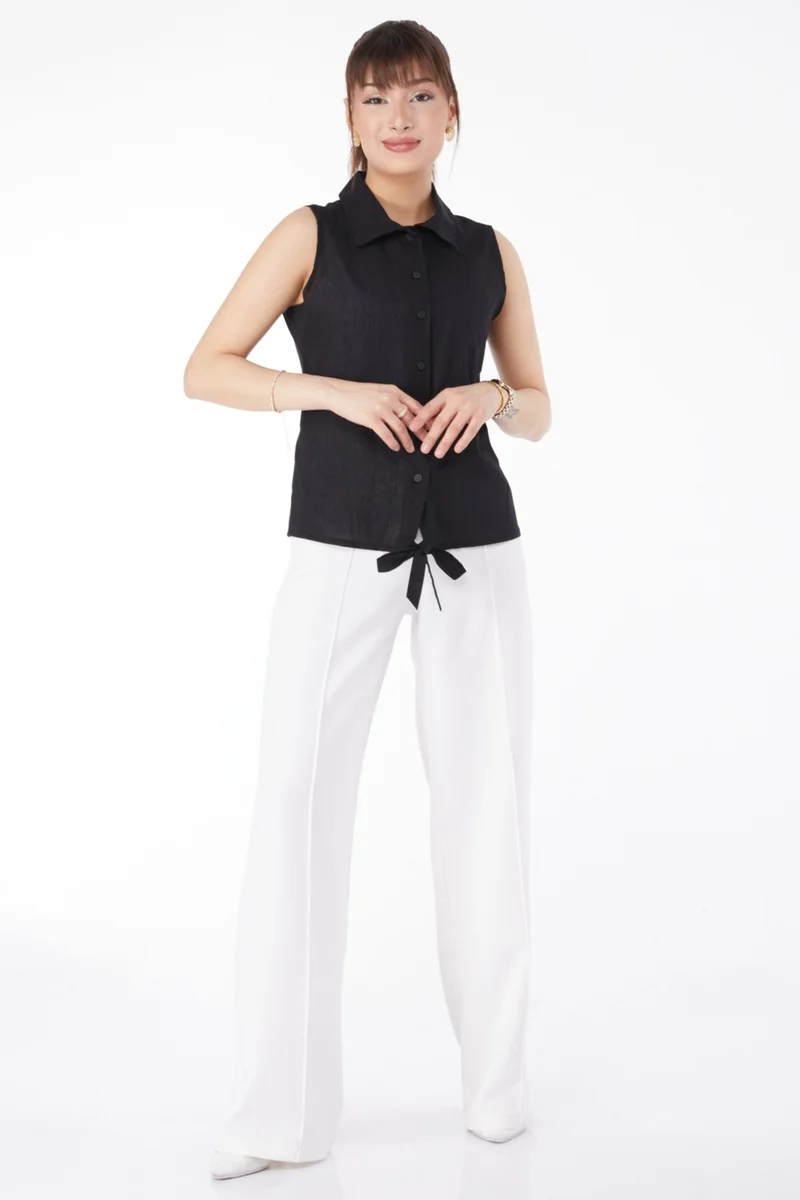 Tofisa Plain Shirt Collar Women's Black Waist Tie Short Shirt - 13155