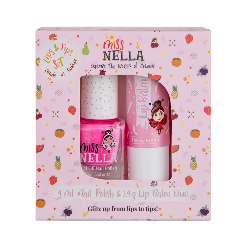 Miss NELLA MISS NELLA Nail Polis + Lip Balm set- Special Pink Glitter Nail Polish for Kids- WATERMELON POPSICLE, with Peel-off, Water Based & Odour Free Formula + HONEY BUNNEY pink hypoallergenic lip balm