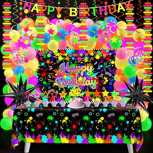 Fayoo Neon Birthday Party Decoration Glow in The Dark Party Supplies Happy Birthday Backdrop Banner Neon Fluorescent Balloons Garland Arch Star Hanging Swirl Black Light Reactive Glow Tape Neon Streamer - Image 1