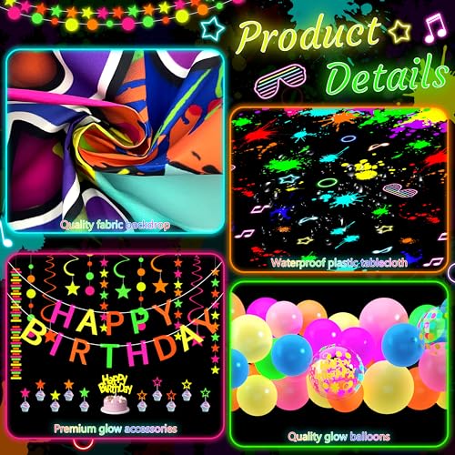 Fayoo Neon Birthday Party Decoration Glow in The Dark Party Supplies Happy Birthday Backdrop Banner Neon Fluorescent Balloons Garland Arch Star Hanging Swirl Black Light Reactive Glow Tape Neon Streamer - Image 3