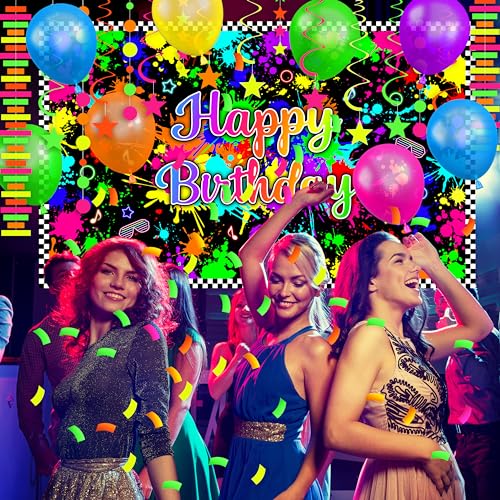 Fayoo Neon Birthday Party Decoration Glow in The Dark Party Supplies Happy Birthday Backdrop Banner Neon Fluorescent Balloons Garland Arch Star Hanging Swirl Black Light Reactive Glow Tape Neon Streamer - Image 5