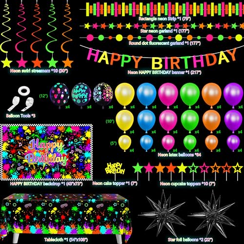 Fayoo Neon Birthday Party Decoration Glow in The Dark Party Supplies Happy Birthday Backdrop Banner Neon Fluorescent Balloons Garland Arch Star Hanging Swirl Black Light Reactive Glow Tape Neon Streamer - Image 2