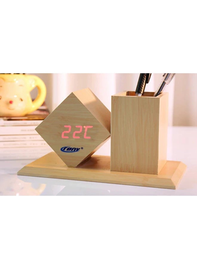 كروني ساعة كروني C2025 الخشبية لحامل القلم الرقمي LED مع منبه ودرجة الحرارة وساعة طاولة خشبية مناسبة للدراسة والعمل المكتبي - Image 3