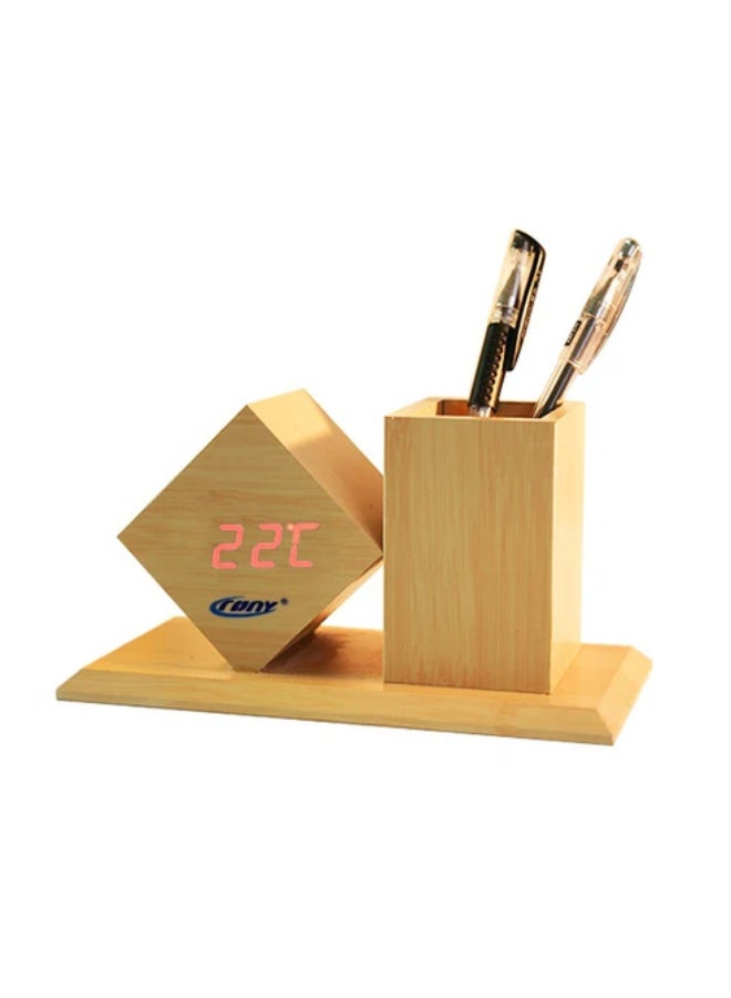 كروني ساعة كروني C2025 الخشبية لحامل القلم الرقمي LED مع منبه ودرجة الحرارة وساعة طاولة خشبية مناسبة للدراسة والعمل المكتبي - Image 1