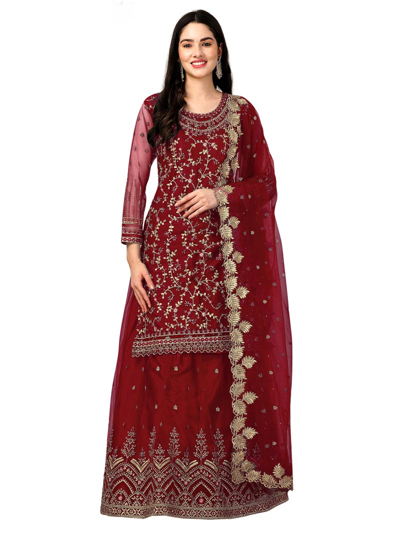 TRENDMALLS طقم سلوار نسائي من تريندمولز مع تطريز شبكي مع كورتا ولهنغا ودوباتا (G112-مارون-3XL) - Image 1