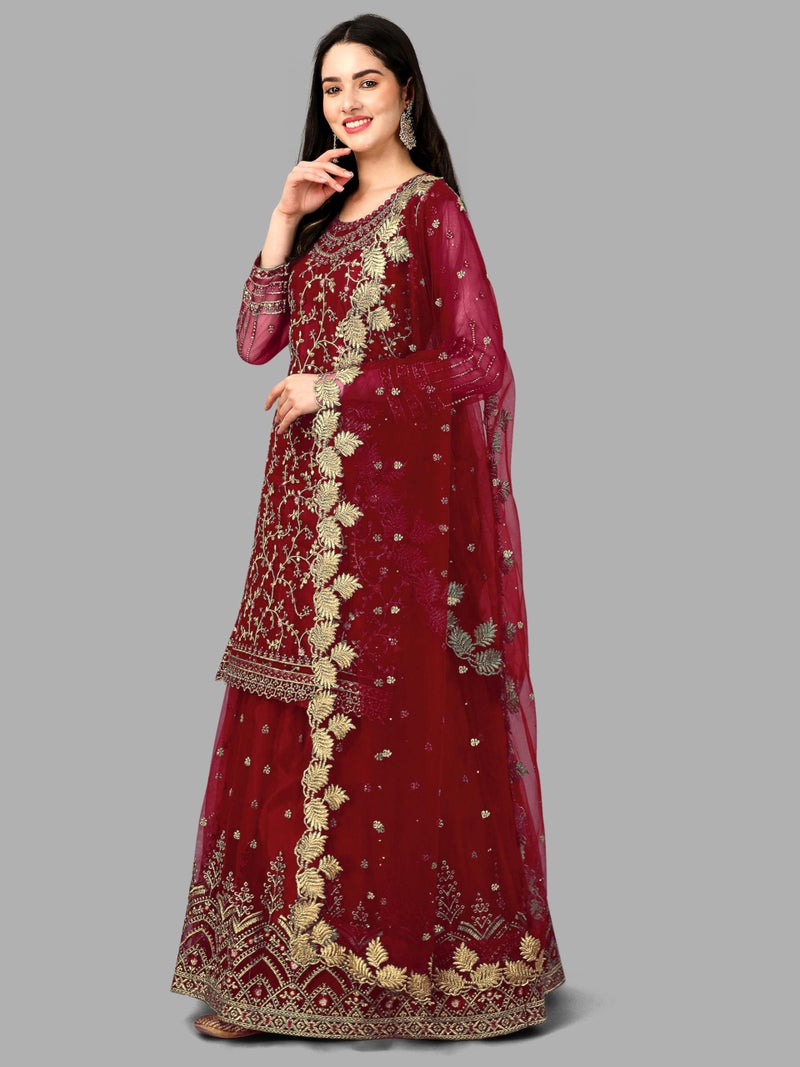 TRENDMALLS طقم سلوار نسائي من تريندمولز مع تطريز شبكي مع كورتا ولهنغا ودوباتا (G112-مارون-3XL) - Image 4
