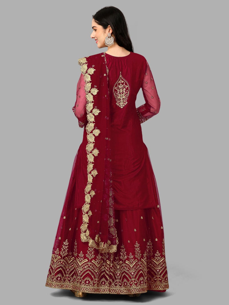 TRENDMALLS طقم سلوار نسائي من تريندمولز مع تطريز شبكي مع كورتا ولهنغا ودوباتا (G112-مارون-3XL) - Image 2