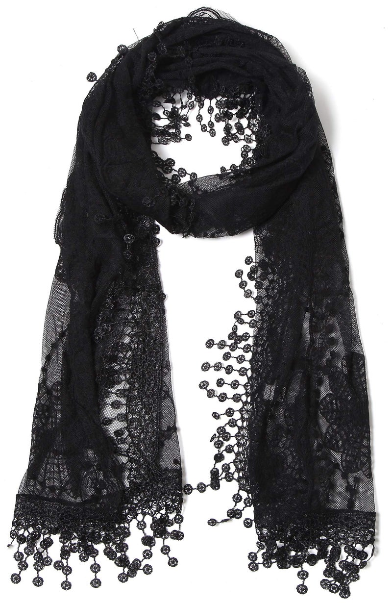 Tan's Women's lightweight Feminine Lace teardrop fringe Vintage Mesh Crochet Tassel Scarf for Women - Image 1