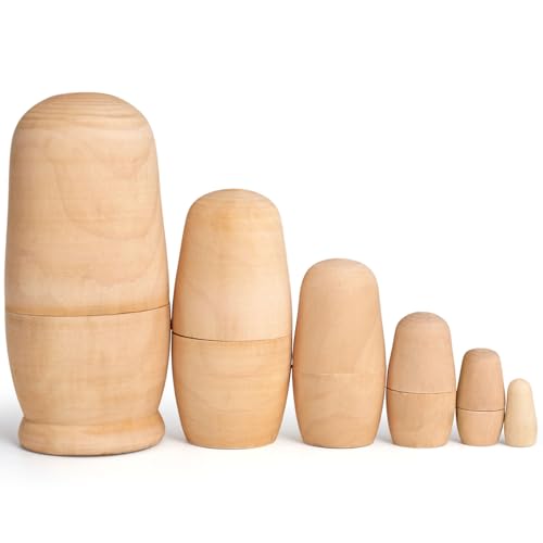 Koogel 6 Set Unpainted Nesting Dolls for Kids Blank Nesting Dolls Wooden Matryoshka for Parent Child Activities Birthday Gift DIY Enthusiasts - Image 1