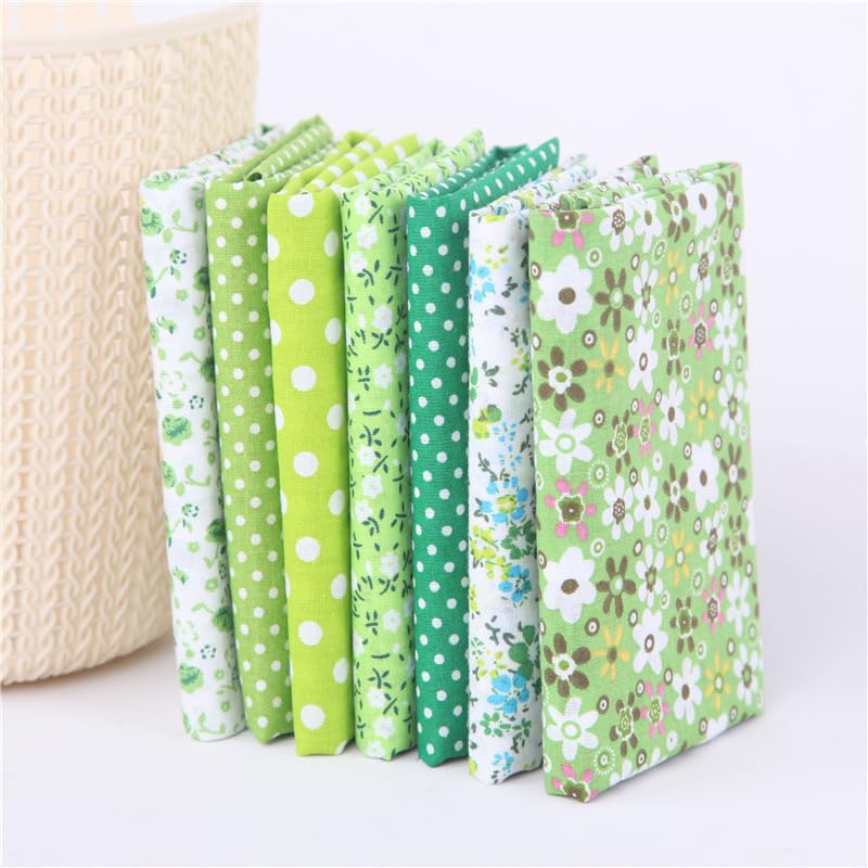 YSSZAM 7Pcs Top Green Cotton Craft Fabric Bundle Squares Patchwork DIY Sewing Scrapbooking Quilting Floral Dot Pattern Craft and Hobby Fabric 10" x 10" (25cm x 25cm) - Image 1