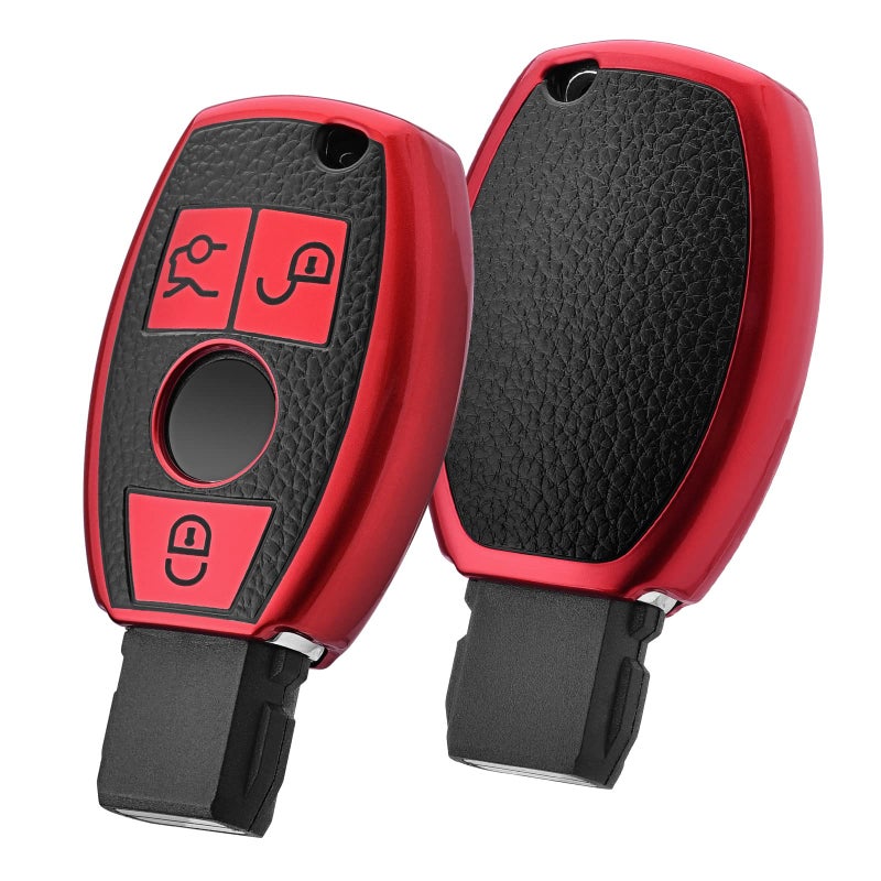ELOHEI for Mercedes Benz Key Fob Cover Premium Soft TPU Key Case Cover Compatible with Mercedes Benz C E S M CLS CLK G Class Keyless Smart Key FobLeather Texture Red