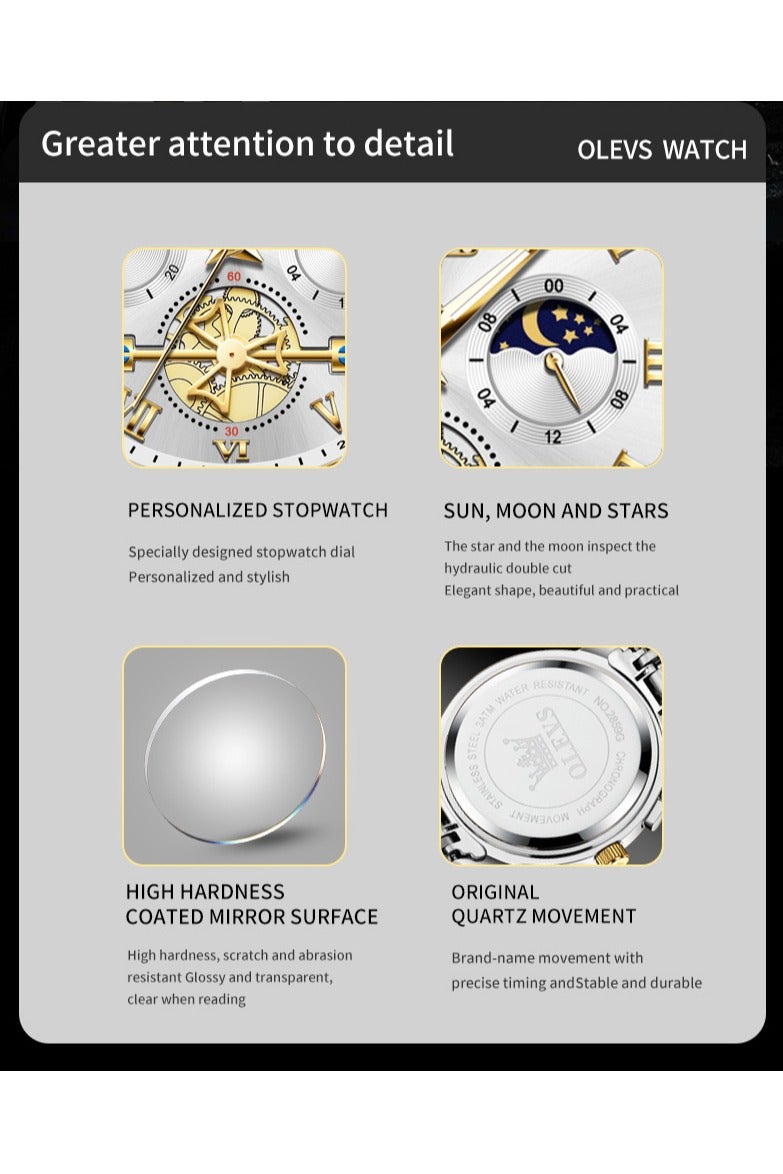أوليفز ساعات OLEVS للرجال، ساعة أنيقة مقاومة للماء، كرونوغراف، كوارتز، من الفولاذ المقاوم للصدأ، مضيئة - Image 5