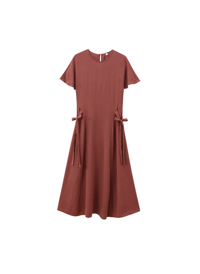 Generic - SAW Fast Selling New Womens Dress European Style Waist-Fitted Bow Scoop Dress Trendy Fashion Bow Decoration Womenswear Brick red - Image 1
