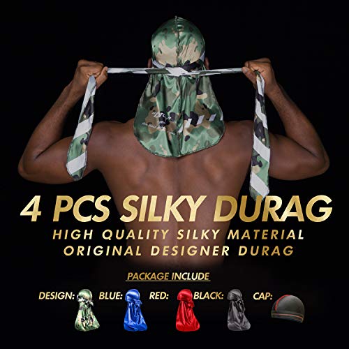 ForceWave 4PCS Silky Durags for Men 360 Waves, Designer Do Rag, 1 Wave Cap (Camou Blue BlackRed) - Image 2