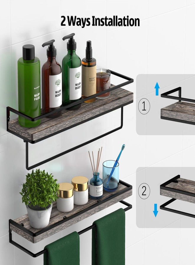 Meangood Floating Shelves Wall Mounted Set of 2, Wall Shelf with Towel Bar Rustic Wood Wall Storage Shelves for Bedroom,Living Room,Bathroom, Kitchen Pine - Image 3