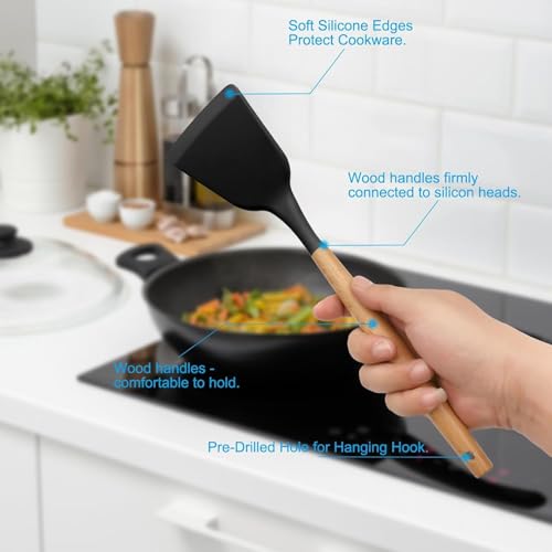 SKYTONE Silicone Kitchen Spatula and Utensils Spoon Set 12-Piece Silicone Kitchen Cooking Utensils Set, Non-Stick Utensils Set Heat Resistant Easy Clean, BPA Free (Black) - Image 3