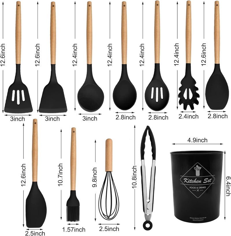 SKYTONE Silicone Kitchen Spatula and Utensils Spoon Set 12-Piece Silicone Kitchen Cooking Utensils Set, Non-Stick Utensils Set Heat Resistant Easy Clean, BPA Free (Black) - Image 2
