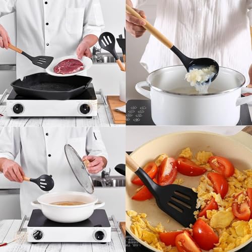 SKYTONE Silicone Kitchen Spatula and Utensils Spoon Set 12-Piece Silicone Kitchen Cooking Utensils Set, Non-Stick Utensils Set Heat Resistant Easy Clean, BPA Free (Black) - Image 4