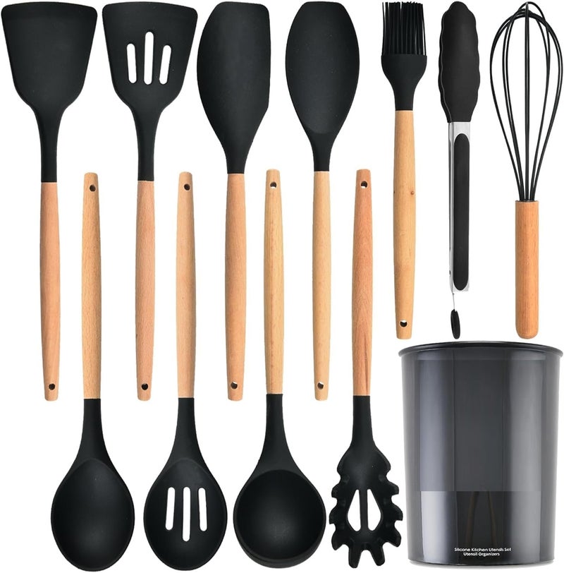 SKYTONE Silicone Kitchen Spatula and Utensils Spoon Set 12-Piece Silicone Kitchen Cooking Utensils Set, Non-Stick Utensils Set Heat Resistant Easy Clean, BPA Free (Black) - Image 1