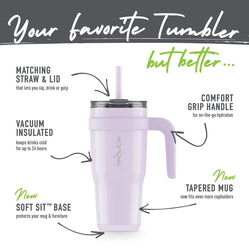 REDUCE 24 oz Stainless Steel Tumbler with Handle - Dual-Wall Vacuum Insulated Travel Mug  Sweat-Proof Lid & Reusable Straw - Keeps Drinks Cold for 24 Hrs  Fits Cupholders  Dishwasher Safe - Lilac Bud - Image 3