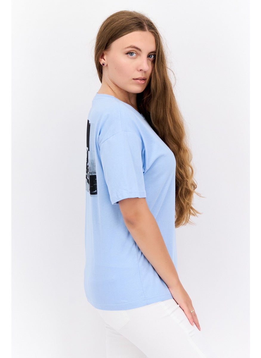 ELVIS Women Round Neck Short Sleeve Brand Logo T-Shirt, Blue  - Image 2