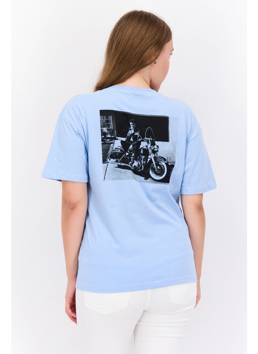 ELVIS Women Round Neck Short Sleeve Brand Logo T-Shirt, Blue  - Image 3