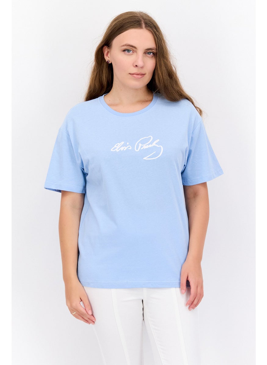 ELVIS Women Round Neck Short Sleeve Brand Logo T-Shirt, Blue  - Image 1
