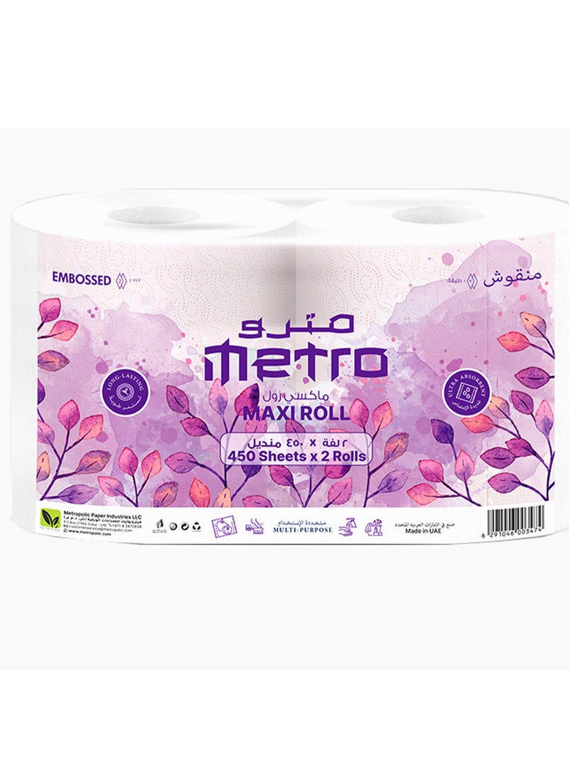 Metro Sterilized Maxi Roll Twin Pack 500 Sheets, 2 Ply Embossed-Pack of Kitchen Rolls - Image 1