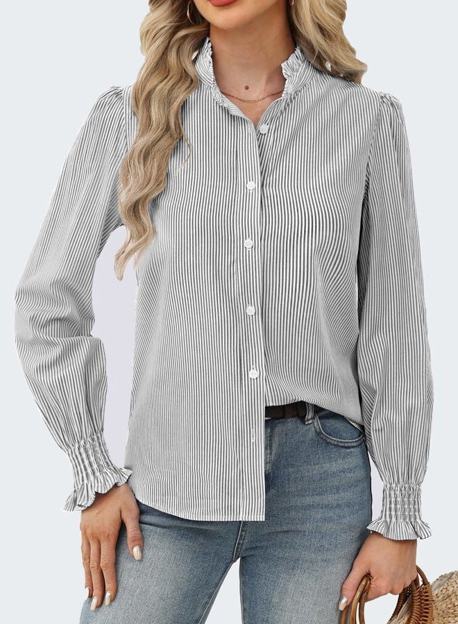 Funlingo Women's Striped Button Down Shirts Long Sleeve Smocked Cuffed Ruffle Collar Blouses Spring Work Business Casual Tops, Black White, S - Image 2
