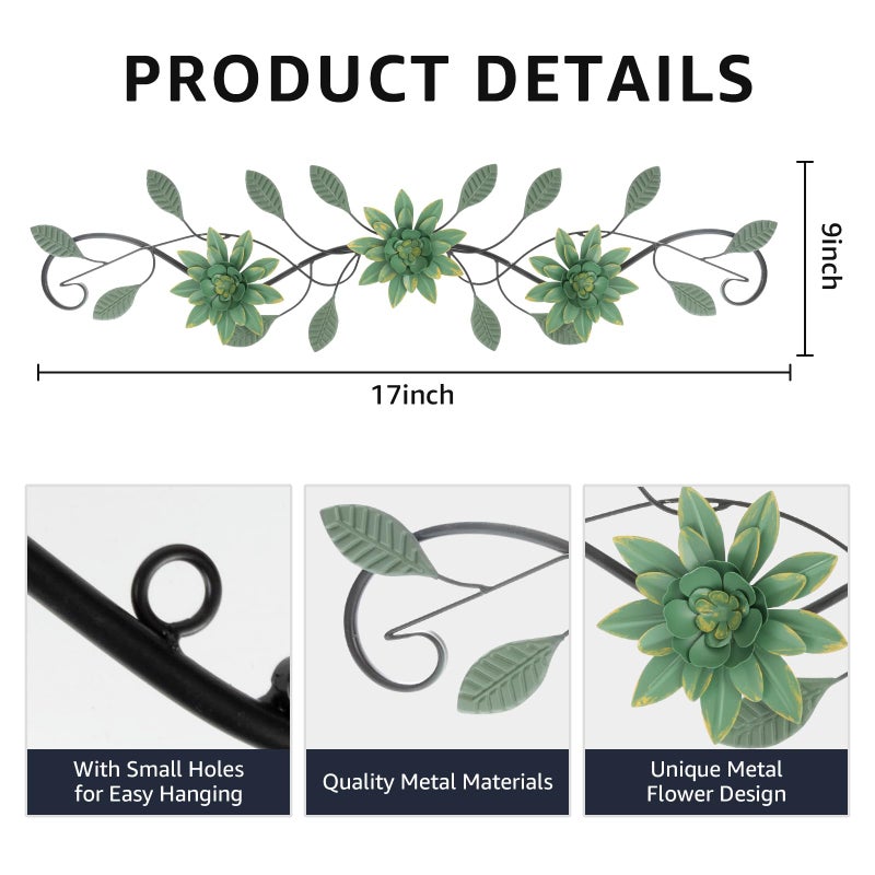 KHJCXS Metal Wall Art Modern Minimalist Metal Flowers Indoor Decor Horizontal Wall Art Iron Artwork,for Over Door,Bedroom,Living Room,Kitchen,Office Scroll Decor(Green) - Image 2