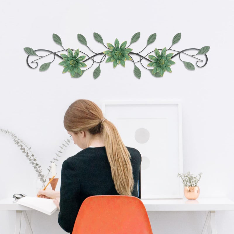 KHJCXS Metal Wall Art Modern Minimalist Metal Flowers Indoor Decor Horizontal Wall Art Iron Artwork,for Over Door,Bedroom,Living Room,Kitchen,Office Scroll Decor(Green) - Image 4