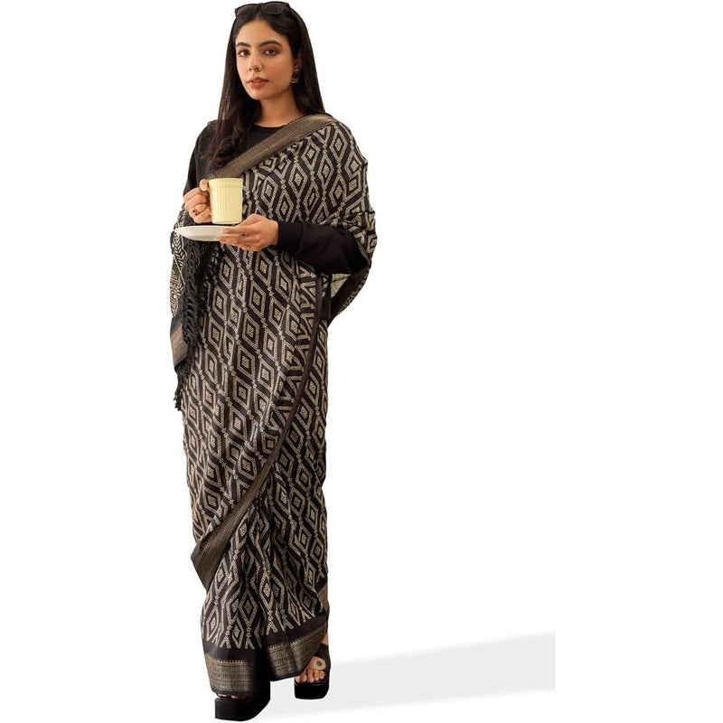 Womanista Women's Block Print Polycotton Ready to Wear Black Saree With Un-Stitched Blouse For Wedding, Festival, Party Soft Fabric, Lightweight, Wrinkle Resistant 5.5 Mtr Saree + 0.8 Mtr Blouse Piece Elegant Traditional Indian Ethnic Wear - Image 1