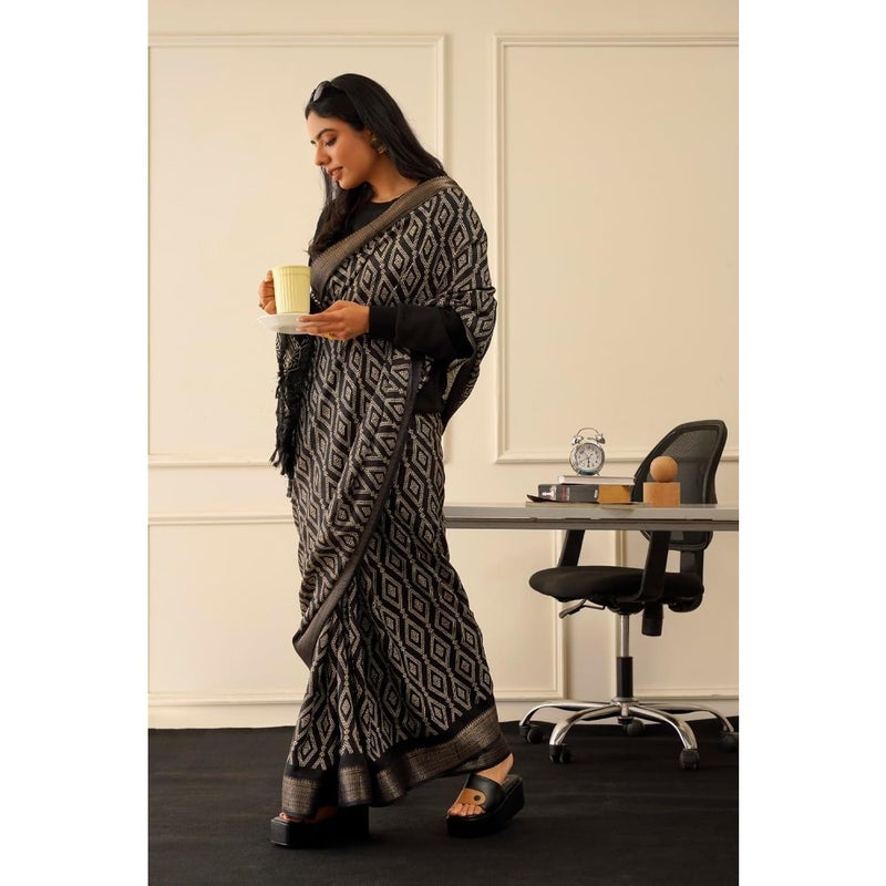 Womanista Women's Block Print Polycotton Ready to Wear Black Saree With Un-Stitched Blouse For Wedding, Festival, Party Soft Fabric, Lightweight, Wrinkle Resistant 5.5 Mtr Saree + 0.8 Mtr Blouse Piece Elegant Traditional Indian Ethnic Wear - Image 3