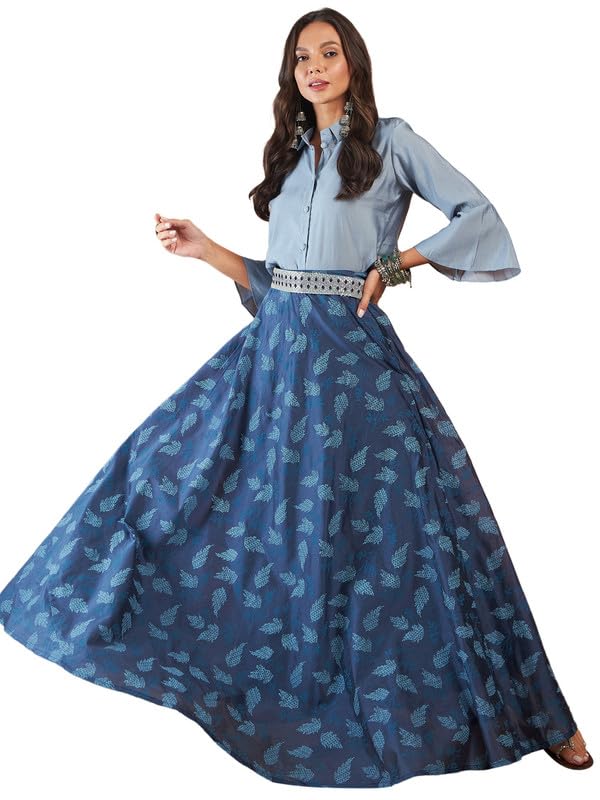 InWeave BLUE & GREY CHANDERI SKIRT FUSION SET - Image 1