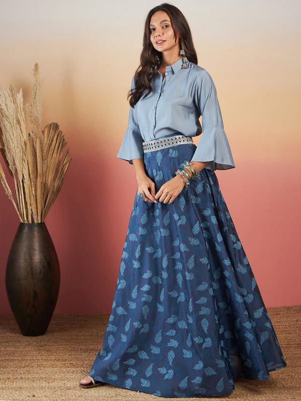 InWeave BLUE & GREY CHANDERI SKIRT FUSION SET - Image 2