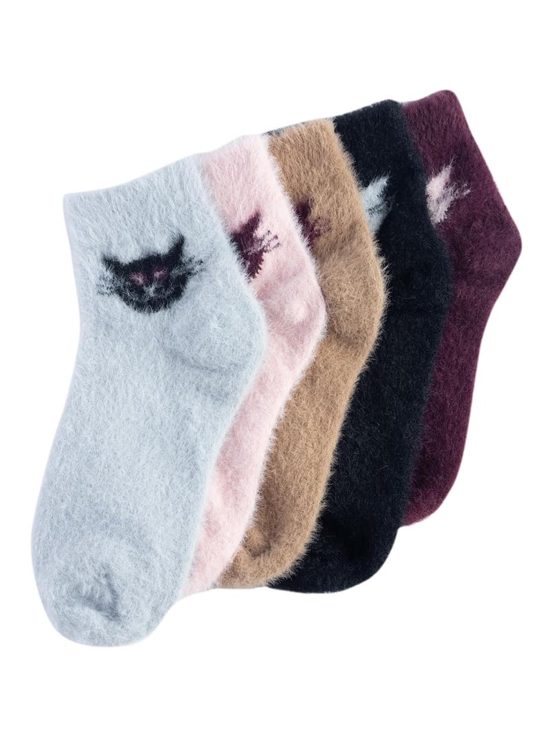 Texton Kids Faux Fur Nylon Microfibre Woolen Winter Ankle Socks – Warm, Soft, Cozy, Plush Texture, Stretch Fit, Multicolor Design, Pack of 5 - Image 2