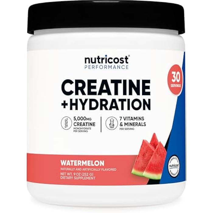 Nutricost Creatine Monohydrate + Hydration Watermelon Flavored (30 Servings) - 7 Vitamins & Minerals, 5000mg of Creatine Per Serving - Image 1