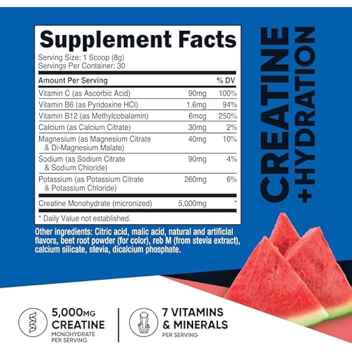 Nutricost Creatine Monohydrate + Hydration Watermelon Flavored (30 Servings) - 7 Vitamins & Minerals, 5000mg of Creatine Per Serving - Image 2
