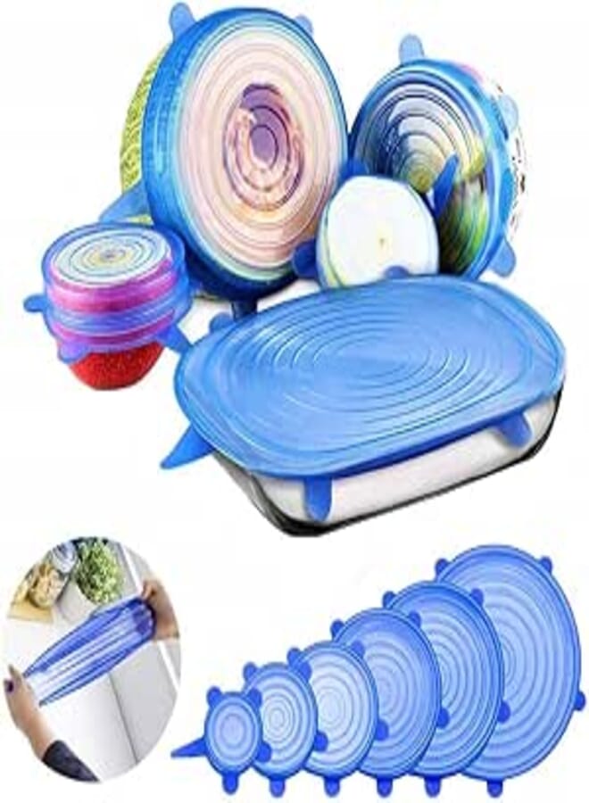 Tdas Microwave Safe Silicone Lids for Bowls Cups Mug Glass Bowl Stretch Reusable Cover Multi Various Size Kitchen Food Safety Set of 6 (Blue)