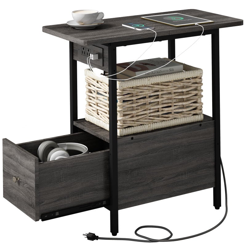 LIDYUK End Table with Charging Station, Narrow Side Table with Drawer and USB Ports & Power Outlets, Nightstand Bedside Tables for Small Spaces, Bedroom, Living Room, Dark Grey - Image 1