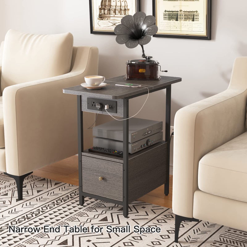LIDYUK End Table with Charging Station, Narrow Side Table with Drawer and USB Ports & Power Outlets, Nightstand Bedside Tables for Small Spaces, Bedroom, Living Room, Dark Grey - Image 5