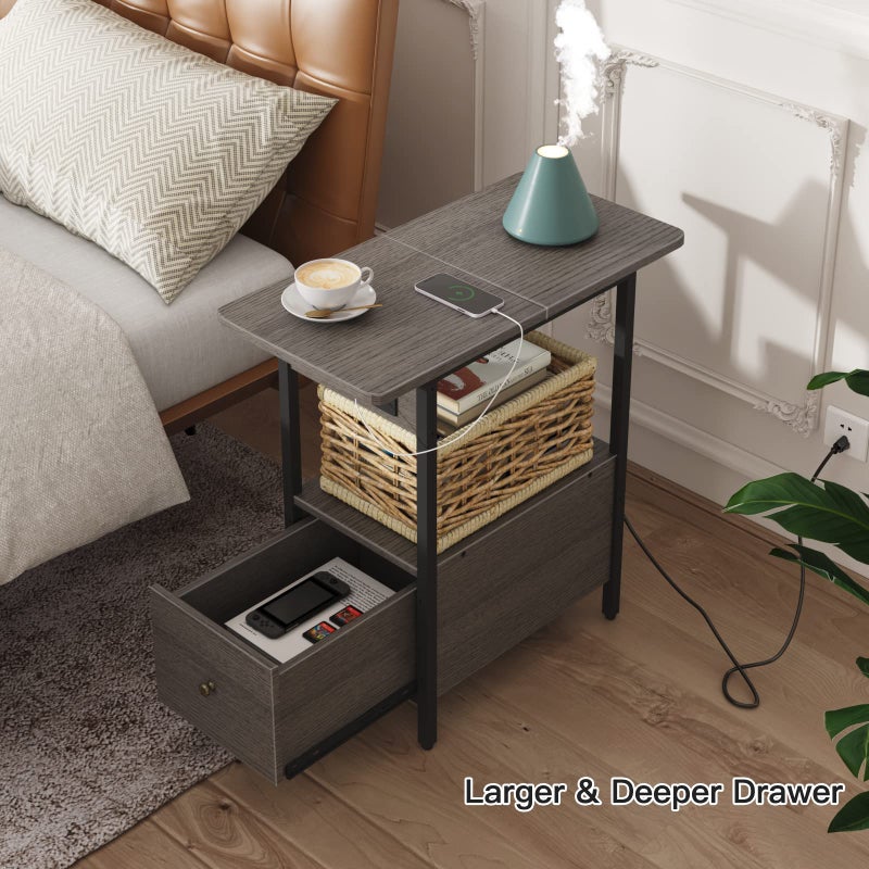LIDYUK End Table with Charging Station, Narrow Side Table with Drawer and USB Ports & Power Outlets, Nightstand Bedside Tables for Small Spaces, Bedroom, Living Room, Dark Grey - Image 3