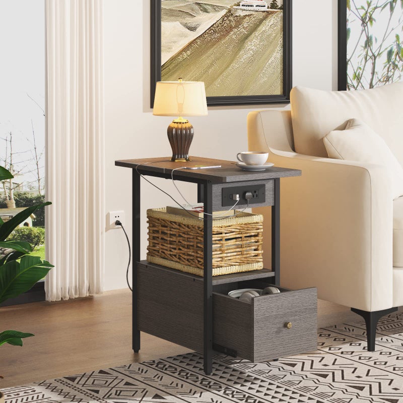 LIDYUK End Table with Charging Station, Narrow Side Table with Drawer and USB Ports & Power Outlets, Nightstand Bedside Tables for Small Spaces, Bedroom, Living Room, Dark Grey - Image 2